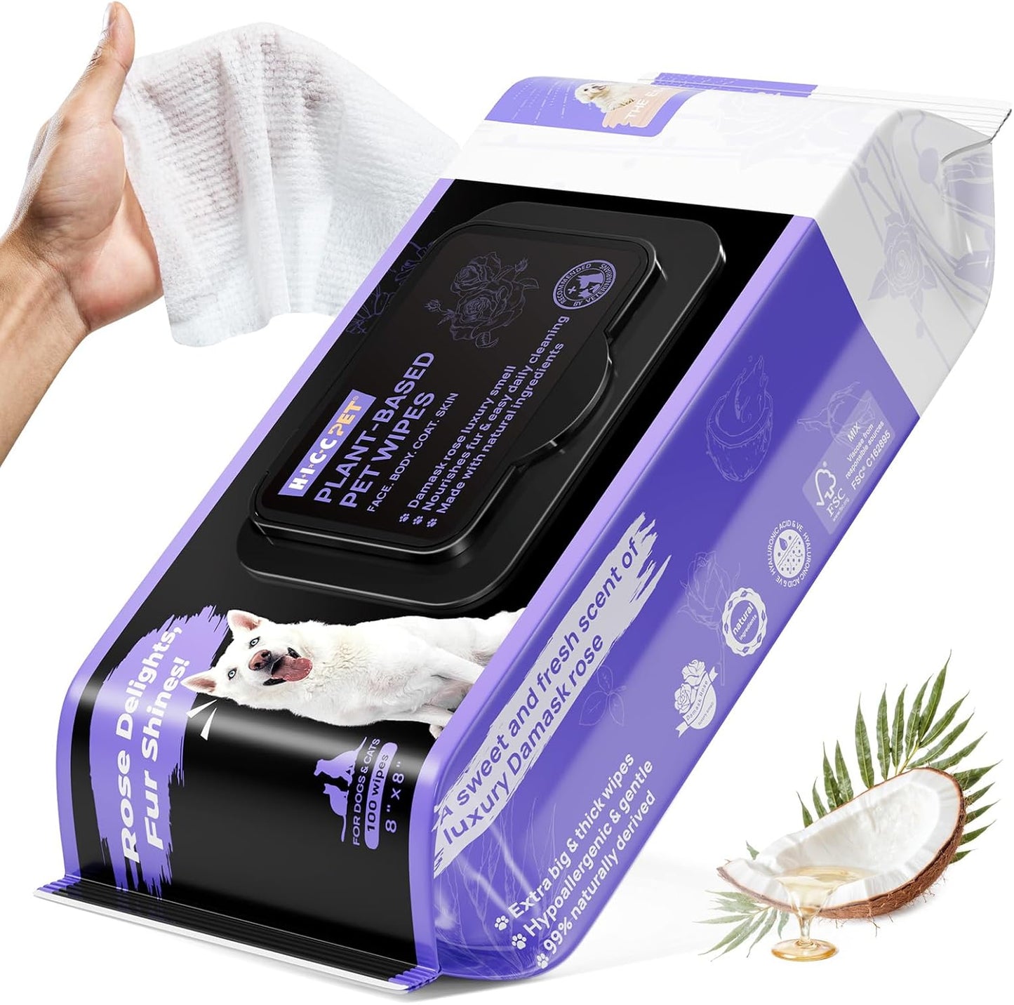 HICC PET Wipes for Dogs and Cats, Vet-Recommended Pets Cleaning Wipes, Deodorizing Hydrating, Nourishes Smoothes Fur, Fermented Coconut Oil Grooming Paws Body and Butt, Horse Skin Coat, Rose, 100pcs