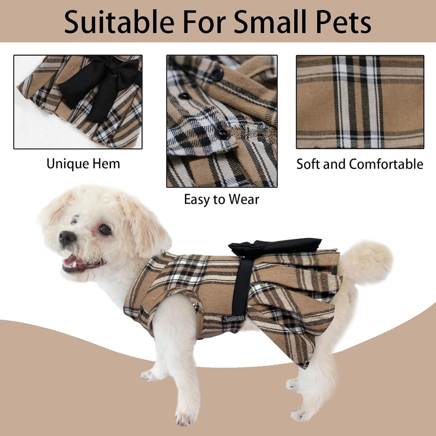 Pet Dresses for Small Dogs Cats Girl, Cute Princess Bowknot Dress Puppy Shirt All Weather Skirt Clothes Cat Apparel for Birthday Wedding Party Holiday (Khaki&Black, Small)