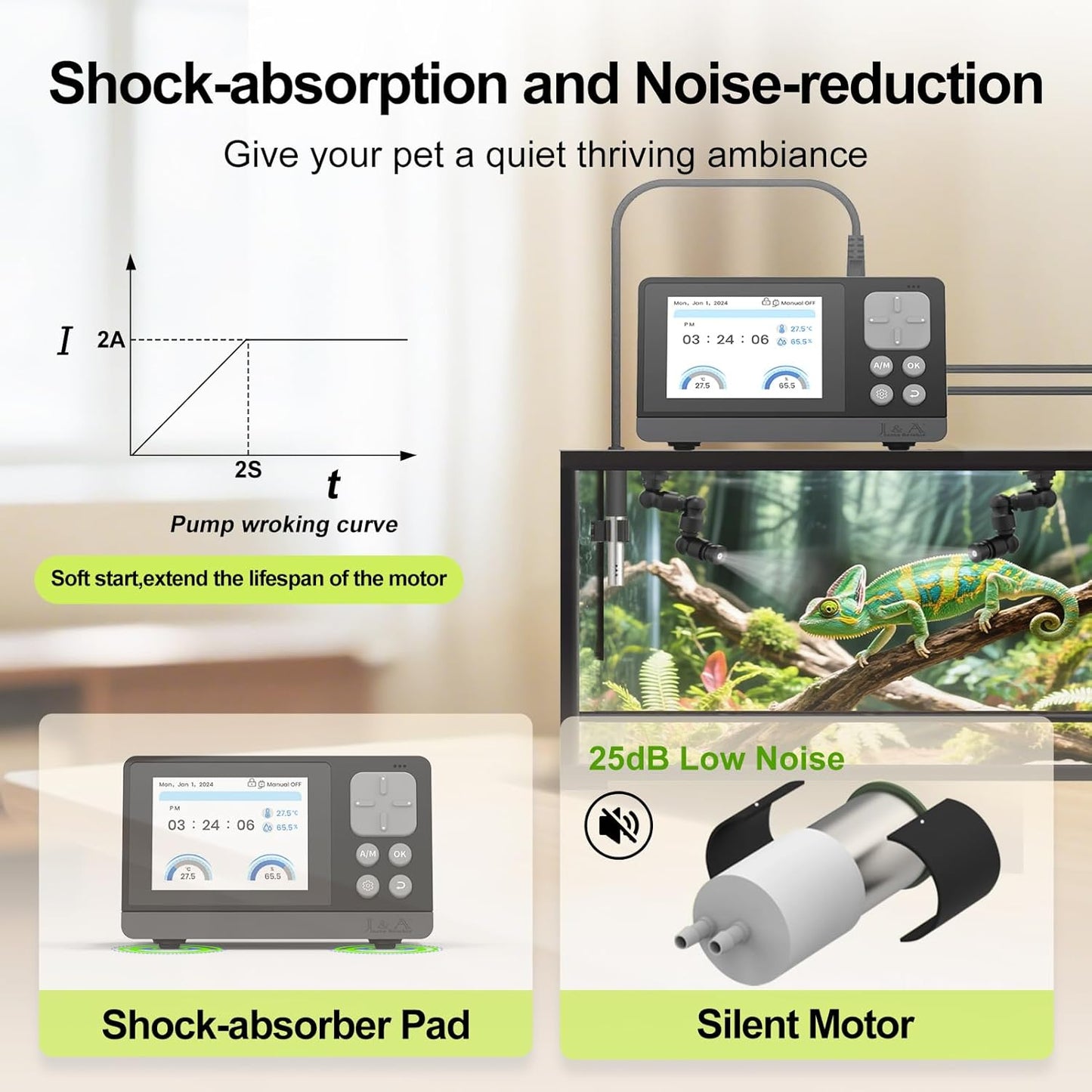 J&A Smart Reptile Mister, Automatic Misting System for Tanks - Programable Timer with Temperature/Humidity Probe, Ideal for Reptile Habitat (Black)