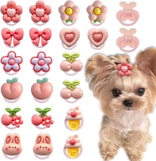 20 Pcs Small Dog Hair Bows with Rubber Bands Cute Puppy Bows Grooming Bowknot Topknot Flower Dog Hair Accessories for Small Dogs Girl Mix Style Handmade Hair Ties for Yorkie Shih tzu Maltese (Pink)
