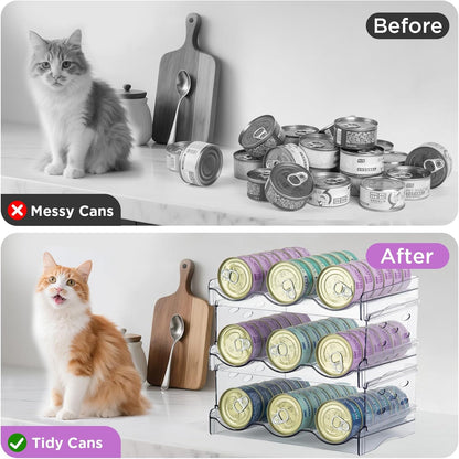 REFLYING Cat Food Can Organizer, Can Organizer for Pantry，Transparent Cat Food Storage Container Holds 54 (3.5oz) Cans, Canned Food Organizer and Storage for Countertop Kitchen Cabinet (3 Layers)