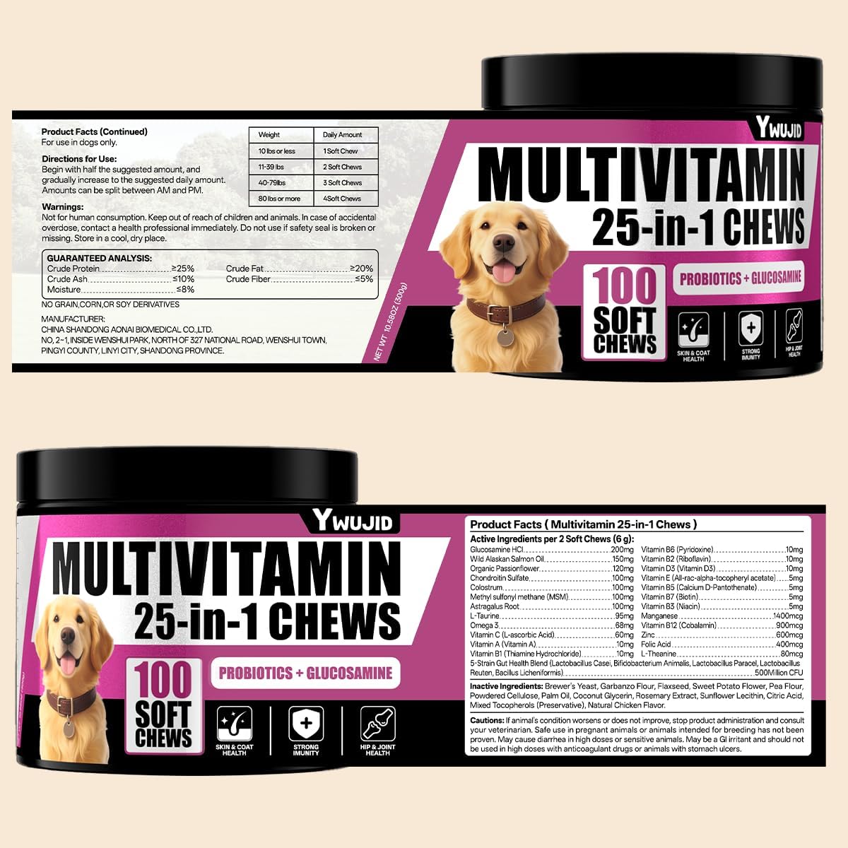 Dog Multivitamin Chewable with Probiotics,Dog Vitamins and Supplements for Hip & Joints,Pets Immune Support,Skin,Coat,Heart,Gut Health with Omega 3,Glucosamine for All Breeds Dogs-Senior & Puppy
