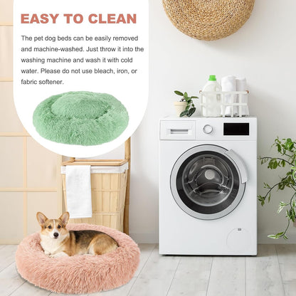 Cat Dog Bed, Round and Soft Fluffy Donut Plush Pet Bed Anti-Anxiety Pet Cushion 27.4 Inches, (Green), Intended for Small Medium Animals Dogs/Cats