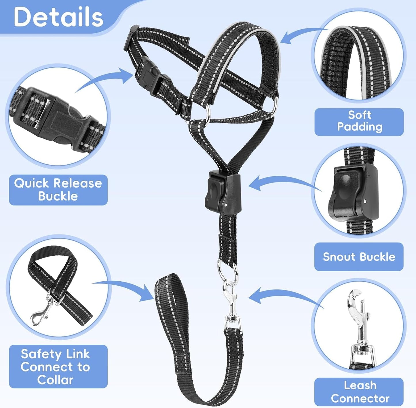 BARKLESS Soft Nylon Dog Head Collar for Large Medium Dog, Reflective Padding Head Halter for Training, Adjustable Muzzle Leash No Pulling, Jumping, Nose Leash Ideal for Walking (Black, M)