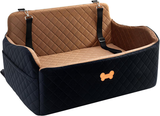 Car Seat for Large Size Dog, Booster Seat for Dogs Under 55 lbs or 2 Small Dogs, Soft Car Dog Bed Filling in Thick Memory Foam with 2 Safety Leashes and Storage Pocket (Brown/Black)