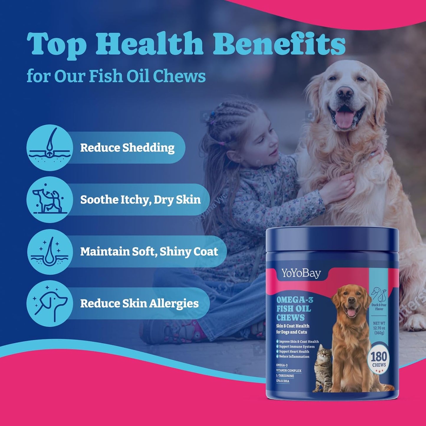 Fish Oil Chews for Dogs & Cats, Omega 3 Fish Oil for Dogs - Rich in Omega 3, 6, and 9 with Flaxseed Oil, EPA & DHA - 180 Soft Chews, Duck & Pear Flavor - Anti-Inflammation, Skin & Coat Health