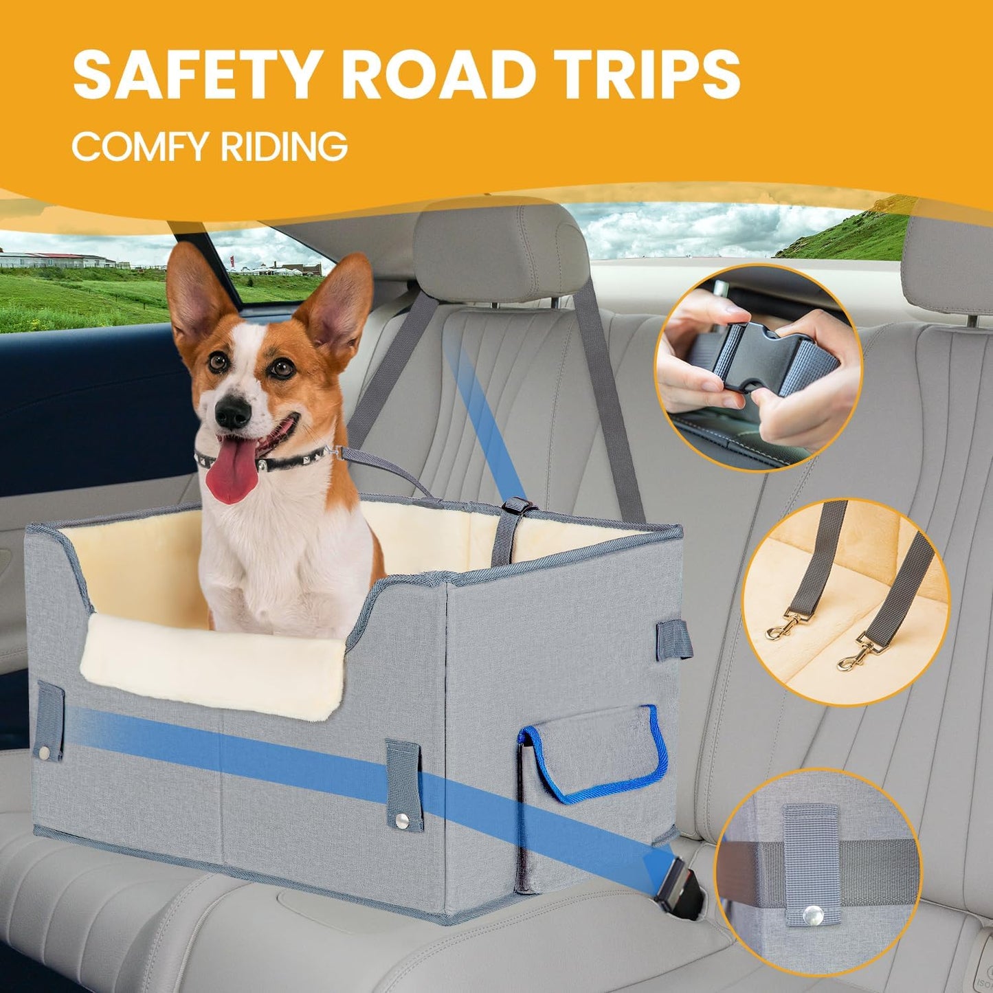Dog Car Seat for Small Dogs, Elevated Dog Booster Seat Pet Travel Carrier Bed for Car with Adjustable Straps Pet Car Booster Seat for Small Dogs Cats
