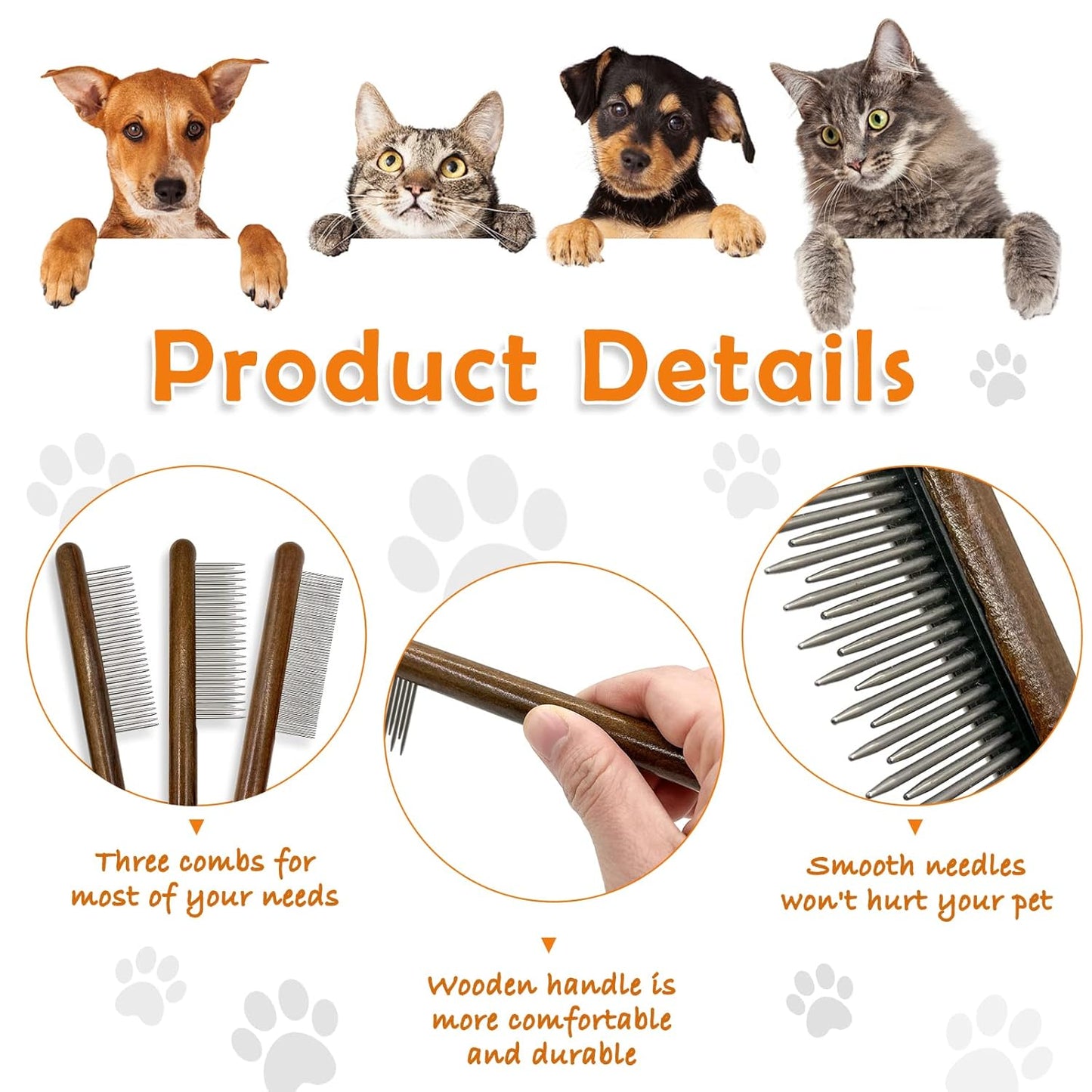 3 Pack Solid Wood Cat Combs, Stainless Steel Teeth for Cat Dog Rabbit Massage, Flea Lice Comb Removes Mats, Tangles and Loose Fur, Grooming Comb for Small Medium Pets