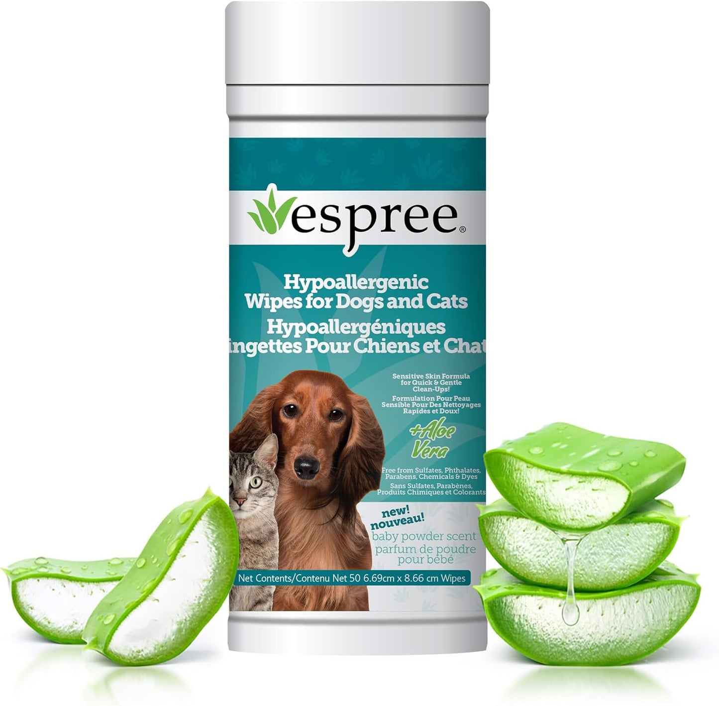 Espree Pet Hypoallergenic Aloe Wipes, Cleaning and Odor-Controlling Grooming Wipes for Paws, Cat Grooming, Dog Care, Perfect for Puppy and Adult Dogs, Fresh Baby Powder Scent, 50 Count