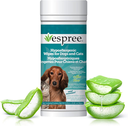 Espree Pet Hypoallergenic Aloe Wipes, Cleaning and Odor-Controlling Grooming Wipes for Paws, Cat Grooming, Dog Care, Perfect for Puppy and Adult Dogs, Fresh Baby Powder Scent, 50 Count