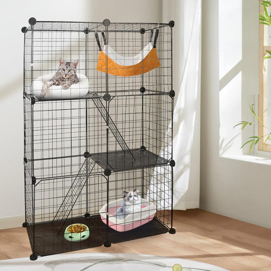 3 Tier Cat Playpen Cage Metal Indoor Cat House Detachable Kitten House with 3 Doors 2 Ladders Large Cat Exercise Place for 1-2 Cats Black