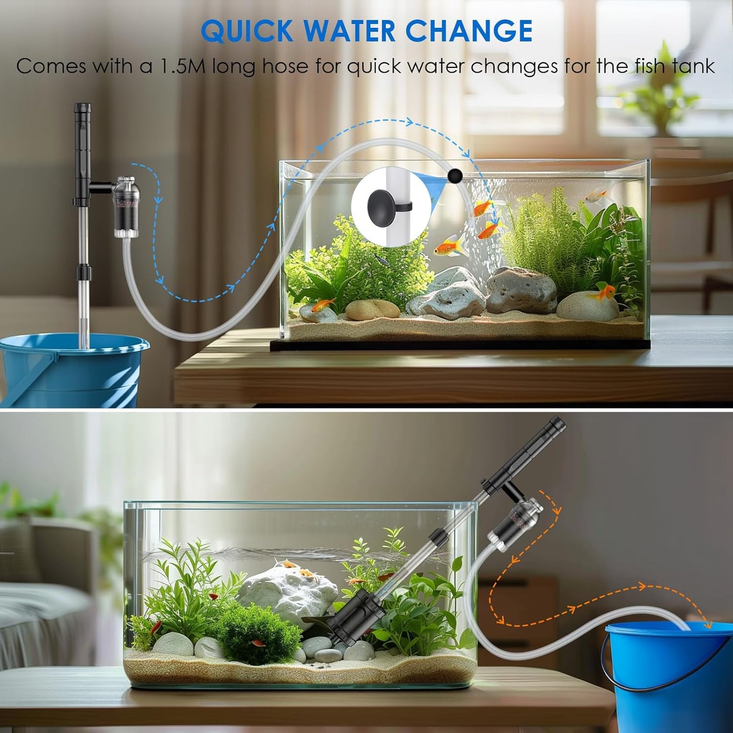 36W Fish Tank Vacuum Gravel Cleaner Electric: Aquarium Vacuum Gravel Cleaner with Strong Suction for Automatic Water Change Algae Cleaner Sand Wash Water Circulation and Water Shower, Timed Off