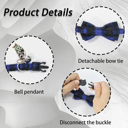 4 Pcs Bow Tie Cat Collar, Breakaway Kitten Collar Quick Release Cat Collars with Bell and Small Fish Pendant, Adjustable Plaid Kitten Collar for Cats/Pet Cats Kittens