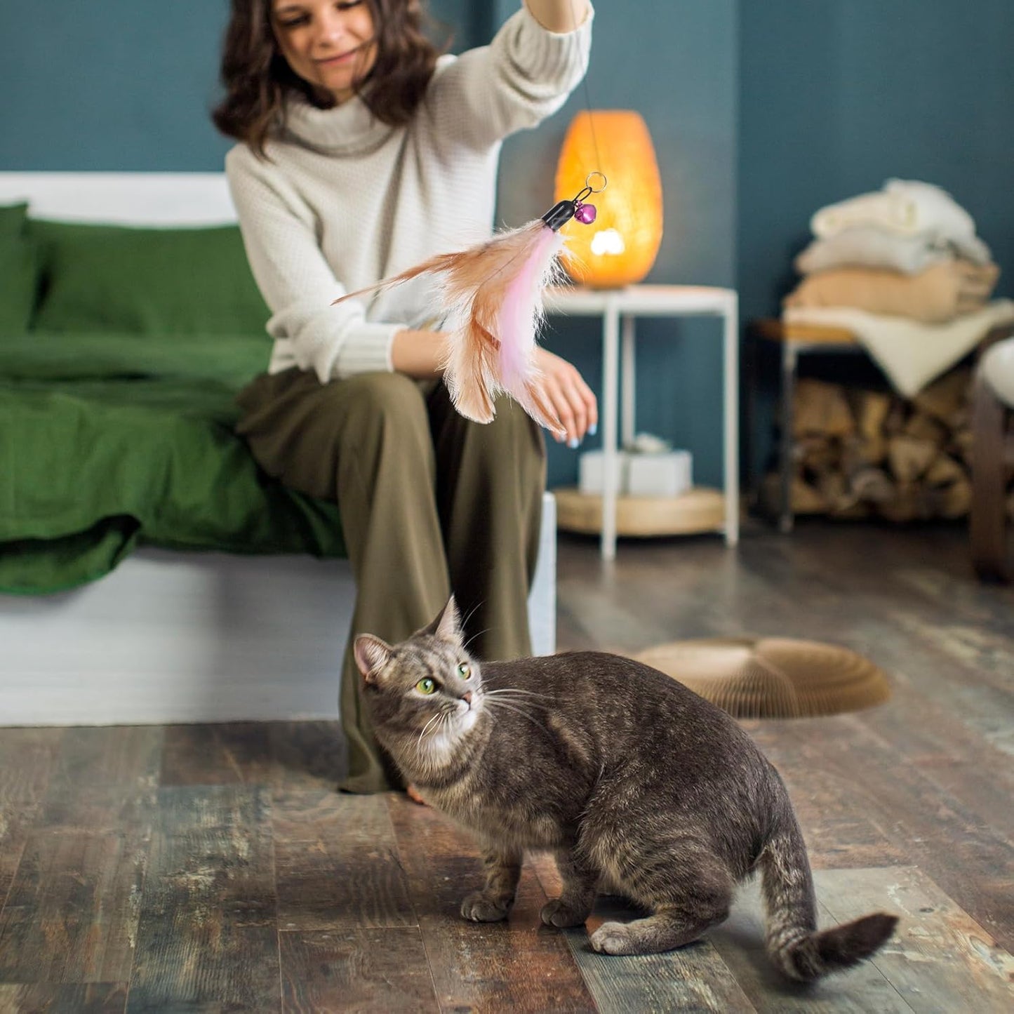 12 Pack Cat Feather Toys Refills with Bells Cats Wand Replacement Feathers Toy Natural Feather Replacement for Exercise Play Vibrant Wand Attachments Safe Cats Toy Accessories for Bored Indoor Cat