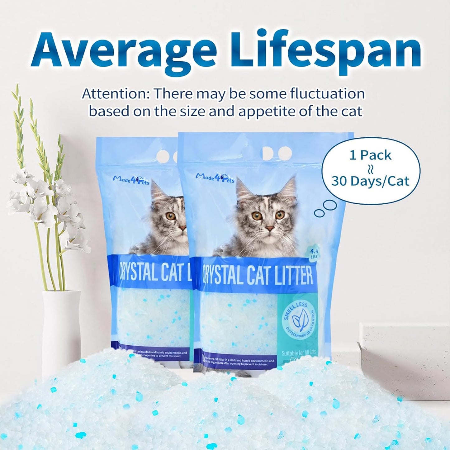 Made4Pets Cat Litter Crystals, Non Clumping Cat Litter Odor Control Kitty Litter Non Clumping No scooping Low Dust, Low Tracking, Lightweight, Dehydrates Waste,Cologne– 17.2 lbs (4 x 4.3 lb Packs)
