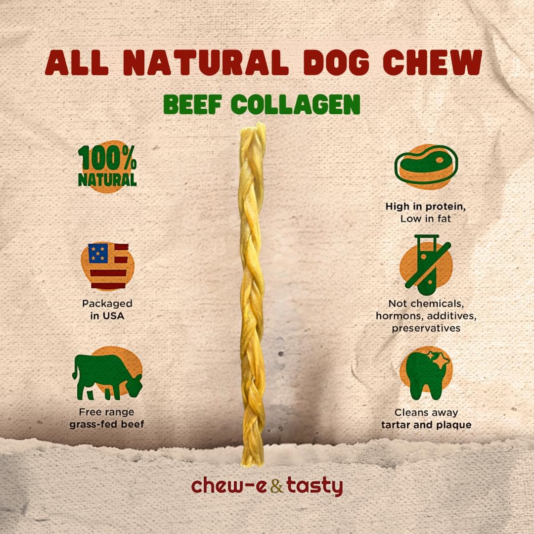 chew-e&tasty Braided Collagen Chews for Dogs (12 Inch, 5 Pack), Odor Free, All Natural Dog Chews, Long Lasting w/Chondroitin & Glucosamine. Bully Sticks and Rawhide Alternative for Medium, Large Dogs