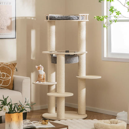PETSITE 59 Inches Modern Cat Tree, Multi-Level Wood Cat Tower with Sisal Scratching Posts, Cozy Hammock, Comfy Top Perch, and 3 Jumping Platforms, Ideal for Indoor Cats Kittens