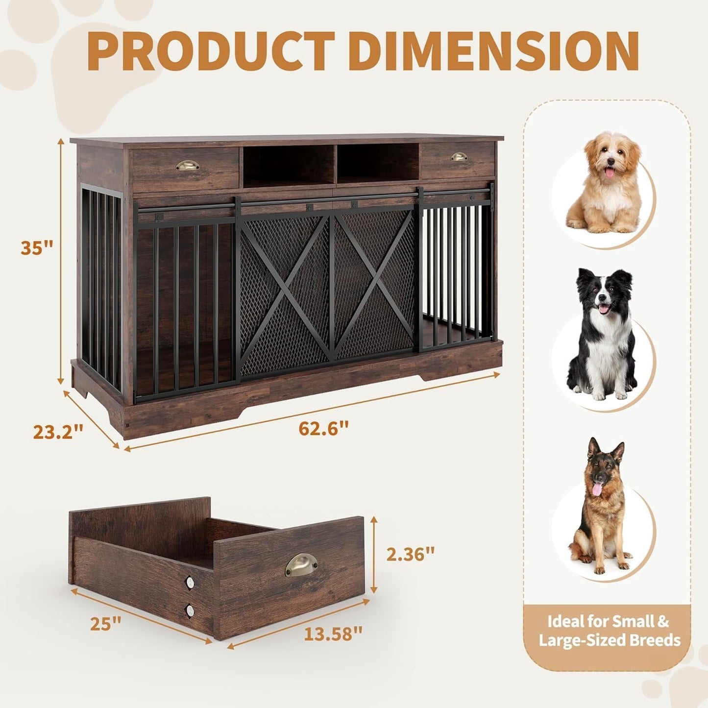 63 Inch Extra-Large Double Dog Crate Furniture with Removable Divider, Wooden Heavy-Duty Indoor Kennel Cabinet with 2 Storage Drawers and Open Shelves, Brown Dog Cage Console for Living Room