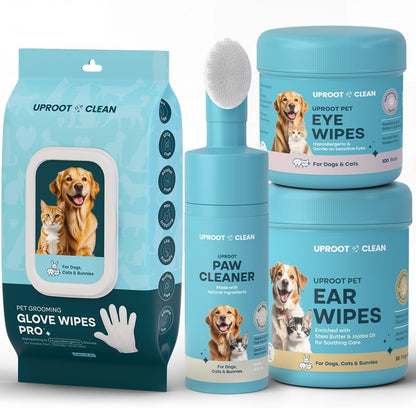 Uproot Clean Easy Pet Hygiene Bundle: Dog Ear Cleaner Finger Wipes, Cat Eye Wipes, Dog Paw Cleaner, & Pre-Soaked QuickClean Gloves Pro - Save Time After Messy Walks and Keep Your Furry Pals Tidy
