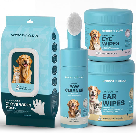 Uproot Clean Easy Pet Hygiene Bundle: Dog Ear Cleaner Finger Wipes, Cat Eye Wipes, Dog Paw Cleaner, & Pre-Soaked QuickClean Gloves Pro - Save Time After Messy Walks and Keep Your Furry Pals Tidy