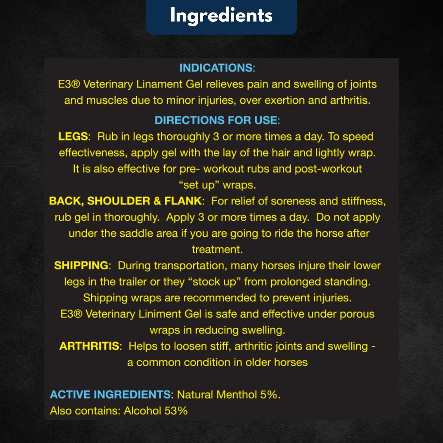 E3 Veterinary Strength Liniment Gel for Sore Muscle & Joint Relief - Reduces Pain & Swelling - Horse Liniment for Humans & Pets - Arthritis Aid - Non-Greasy Herbal Formula- Topical Analgesic