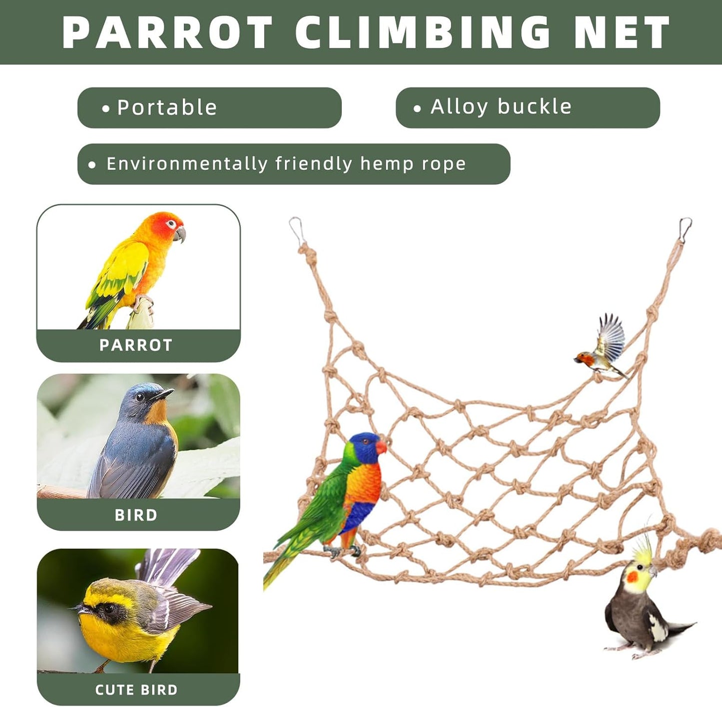 Parrot Climbing Rope Net – Multi-Size Colorful Bird Hammock, Ladder & Chew Toy with 4 Hooks for Cage, Cockatiel, Budgie, Parakeet, Rat & Small Pets
