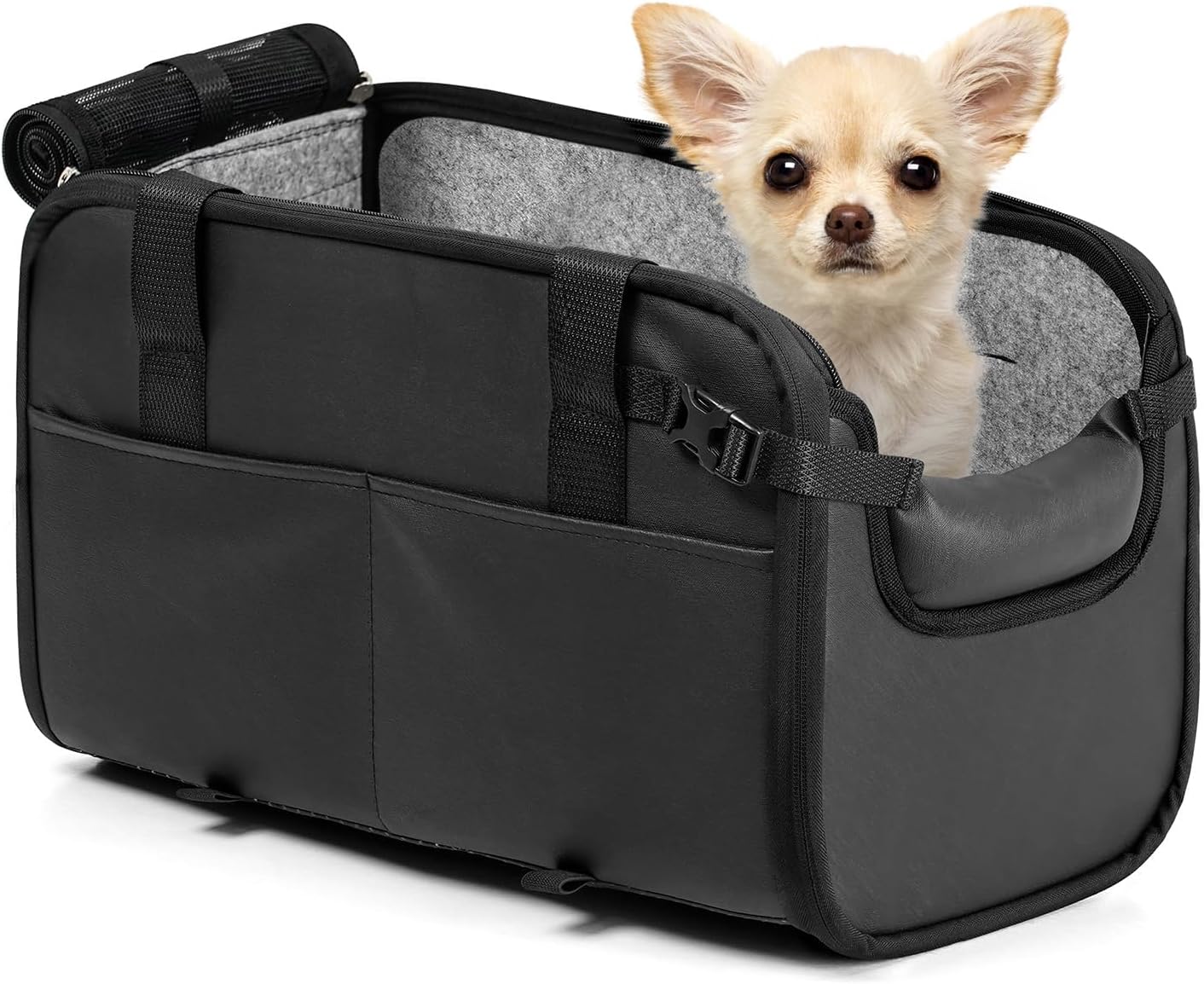 YUDODO Center Console Dog Car Seat, Anti-Slip Pet Cat Booster Seat for Small Dogs, Portable Puppy Bed Carseat Carrier PU Leather Black