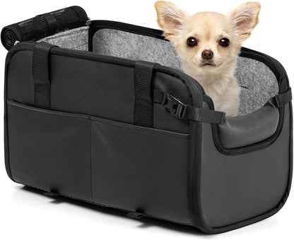 YUDODO Center Console Dog Car Seat, Anti-Slip Pet Cat Booster Seat for Small Dogs, Portable Puppy Bed Carseat Carrier PU Leather Black