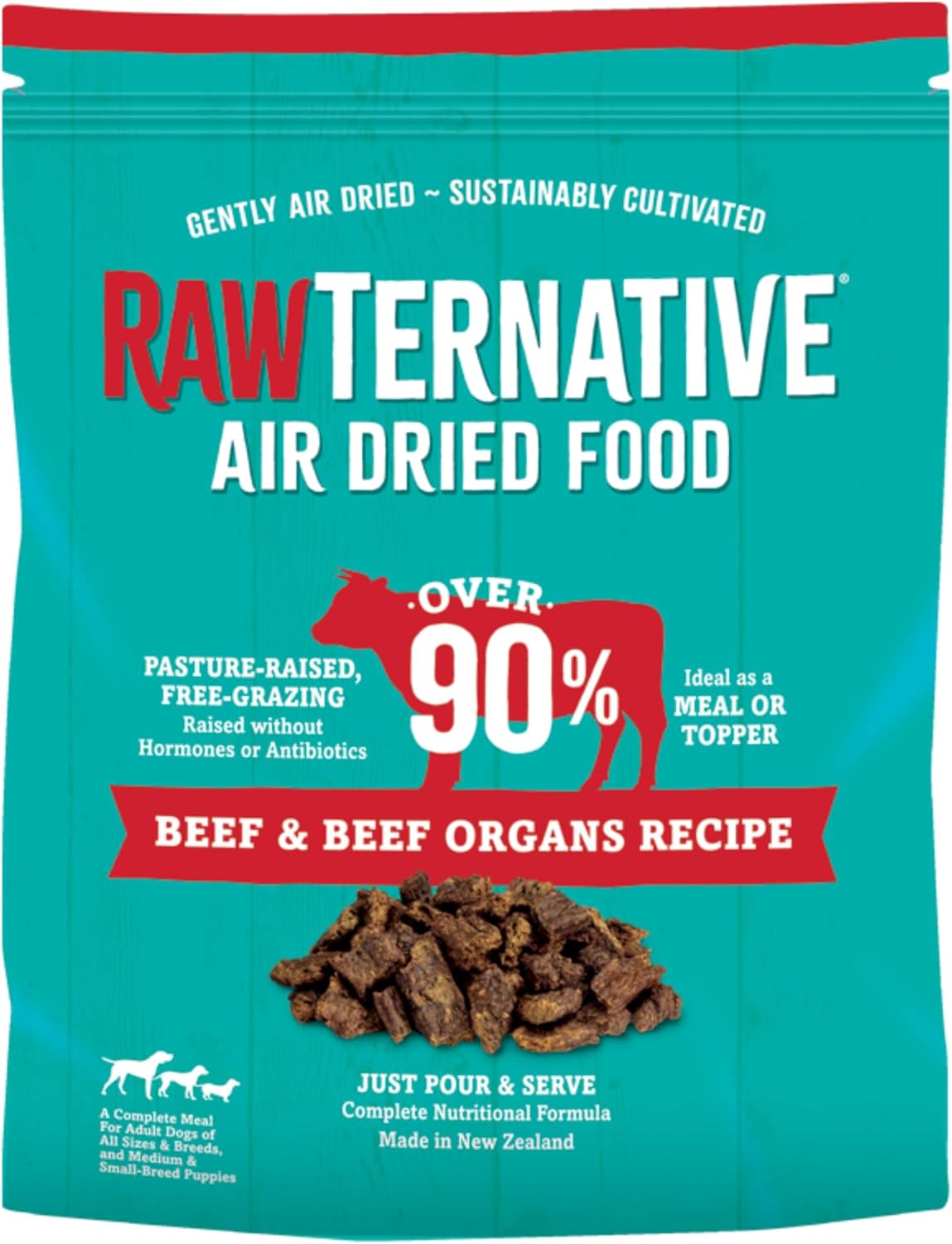 RawTernative Air Dried Dog Food, High Protein, Over 90% Real Beef & Beef Organs + New Zealand Green Mussels, Complete Meal or Topper, Grain Free, Gluten Free, Non GMO, (1 lb Bag)