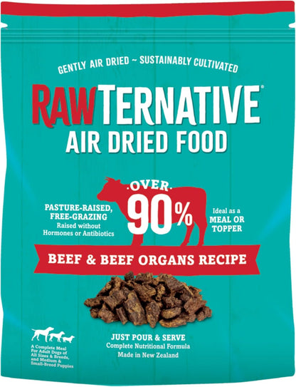 RawTernative Air Dried Dog Food, High Protein, Over 90% Real Beef & Beef Organs + New Zealand Green Mussels, Complete Meal or Topper, Grain Free, Gluten Free, Non GMO, (1 lb Bag)