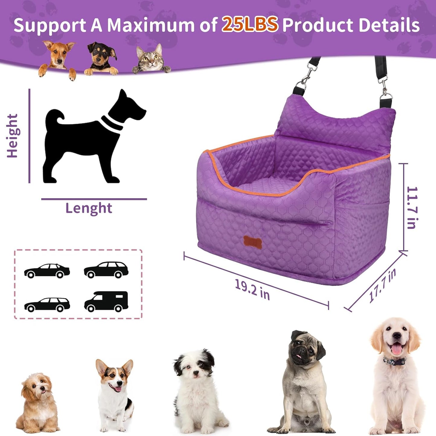 Dog Car Seat - Memory Foam Dog Booster Seat for Small Dogs Up to 25lbs-Elevated Pet Car Seat with Storage Pockets and Dog Seat Belt-Soft Pet Travel Bed for Front & Back Seats-Removable Washable-Purple