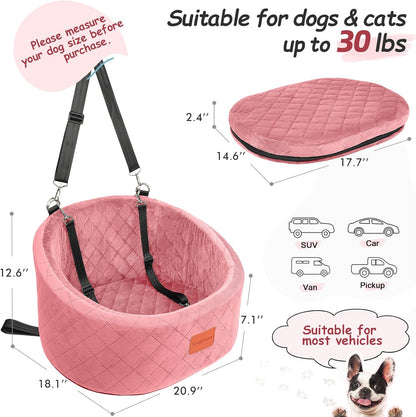 Dog Car Seat for Small Dogs Up to 30 Lbs,Ultra Soft Fabric Fill in Comfy Memory Foam,Happy Pet Ride,2 Safety Dog Leashes,Fully Detachable and Washable,Anti Slip Base(Pink)