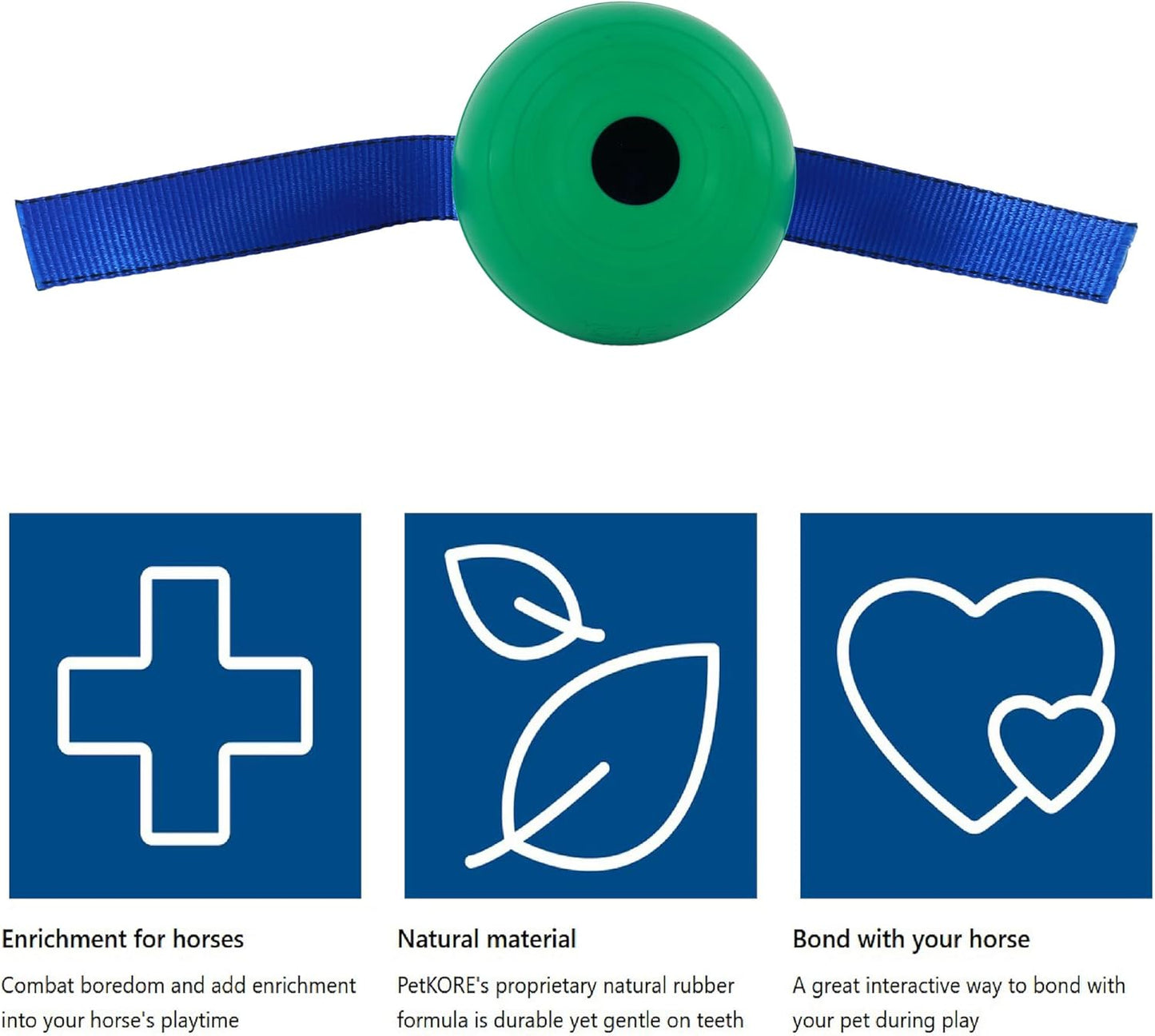 KoreFlex Ball & Tail - Horse-Equine Toy, 4.75" Green Ball, Shape Maintaining Rubber, Durable Strap, Treat Stuffing Center, Toss-Bounce-Play