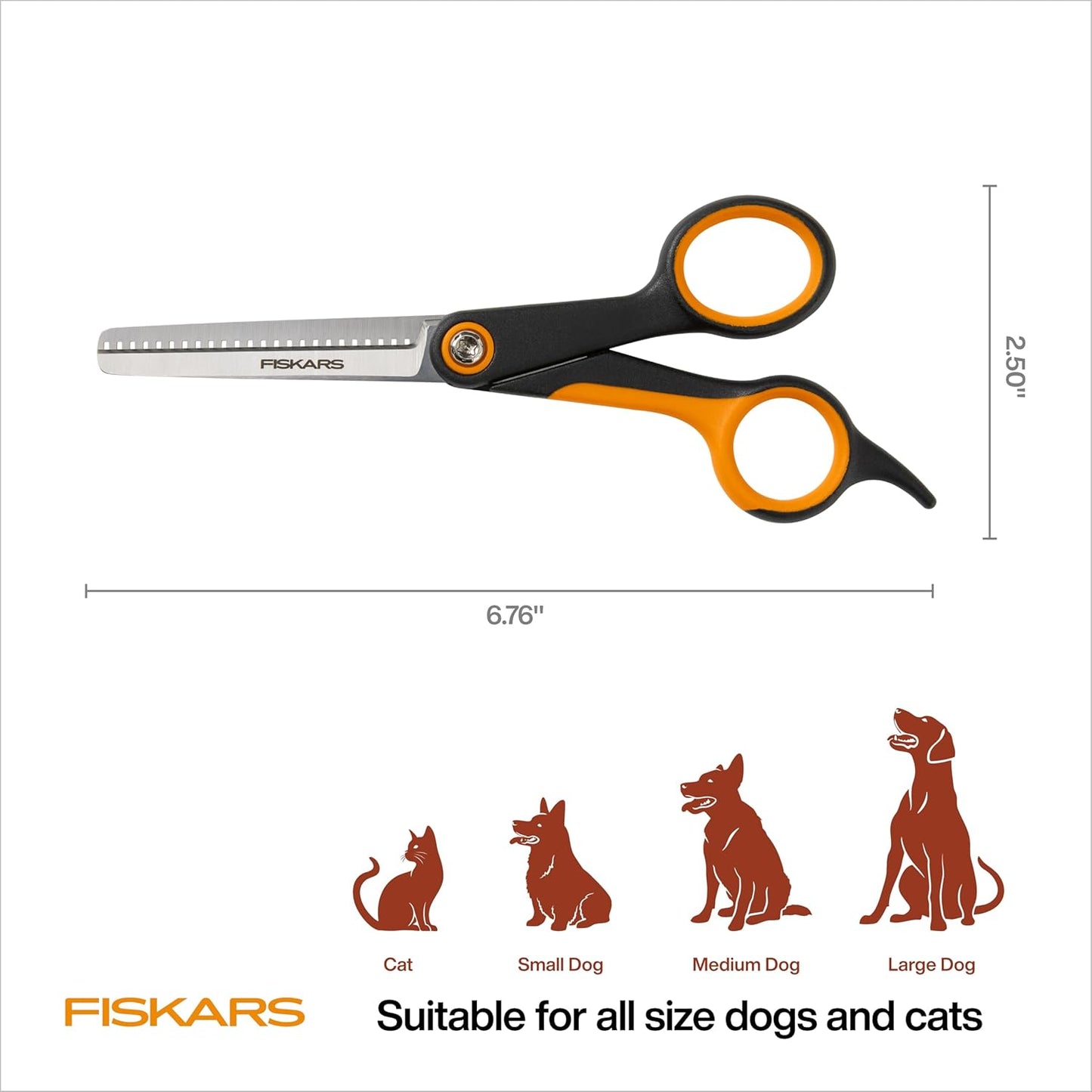Fiskars Pet, Dog and Cat Grooming Scissors, Serrated Teeth for Thinning & SoftGrip Handle, Cat and Dog Supplies, 6.5”, Orange/Black, Blending Scissors