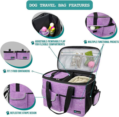 PetAmi Dog Travel Bag, Travel Pet Bag Organizer, Dog Food Travel Bag with Container Collapsible Bowls, Pet Travel Supplies Gift Accessories for Weekend Camping, Puppy Cat Diaper Bag, Purple Medium