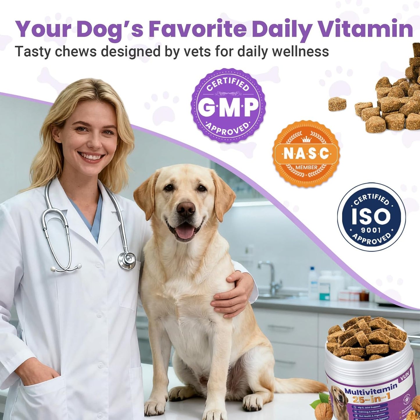 Dog Multivitamin 25 in 1 Chewable Dogs Vitamins Supplements Treats for Pet Omega-3 Glucosamine Vitamin for Puppy Supplies Skin Coat, Heart, HIPS & Joints, Digestion & Immune System 100pcs
