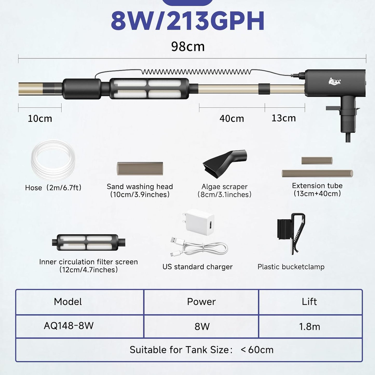 AQQA Electric Aquarium Vacuum Gravel Cleaner - 8W/213GPH Rechargeable Fish Tank Cleaning Tools Automatic Water Changer Pump with Debris Clean & Sand Washing, 4-Speed Adjustable Powerful Suction