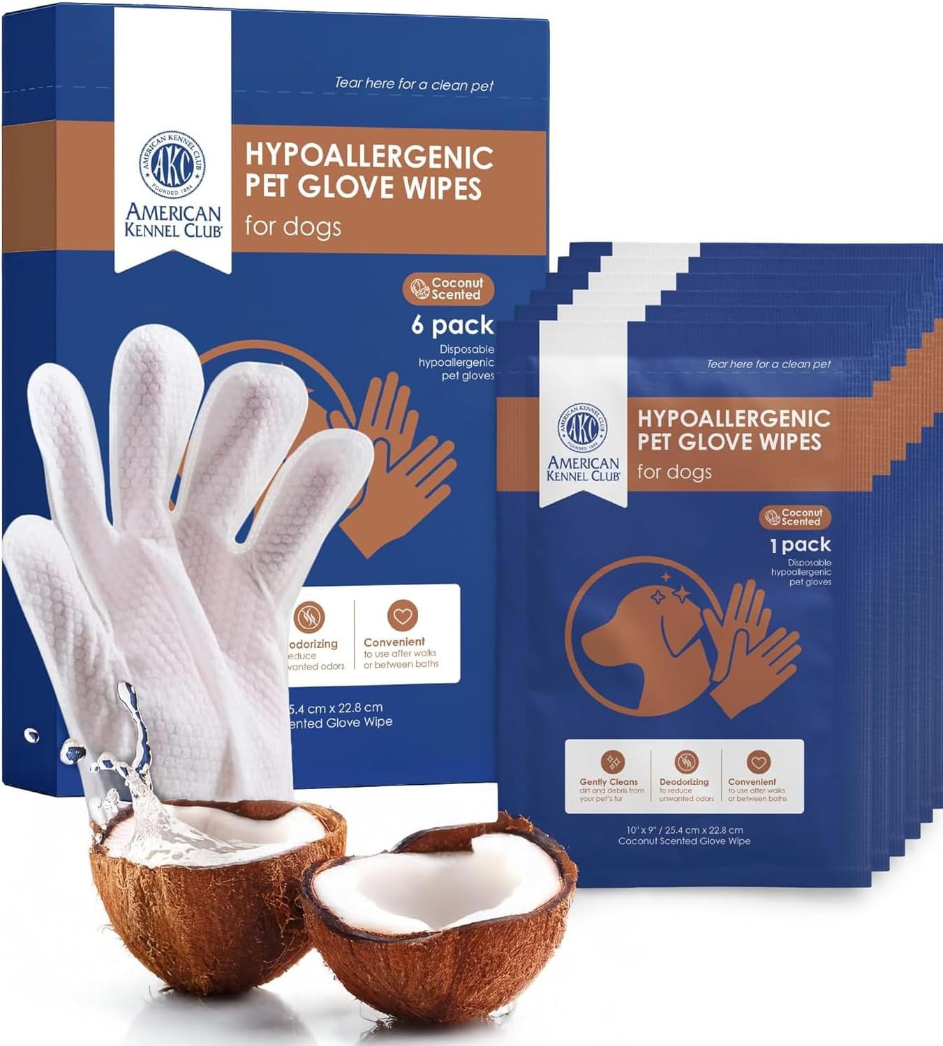 AKC Coconut-Scented Pet Bathing Gloves – 6-Pack Deodorizing & Cleaning Wipes for Dogs & Cats – Gentle, Hypoallergenic, No-Rinse Grooming Mitts for Sensitive Skin, Quick Cleanups & Travel