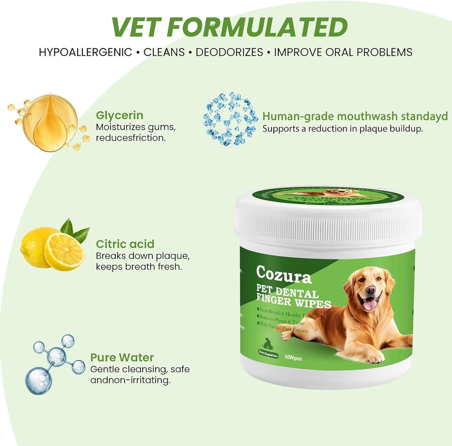 Teeth Cleaning Wipes for Dogs & Cats –60 Count, Dog Dental Care Finger Wipes, Dog Finger Toothbrush Wipes Helps Remove Tartar & Plaque, Fresh Breath, Dog Tooth Brushing Kit-Unflavored