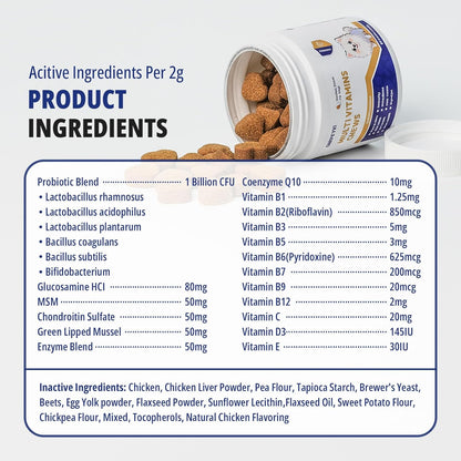 Dog Multivitamin Chewable Dog Vitamins and Supplements with MSM & Glucosamine, Omegas 3 for Gut Health Joint Support Skin & Coat Heart Health Digestion Immune System - Chicken Flavored, 90 Ct