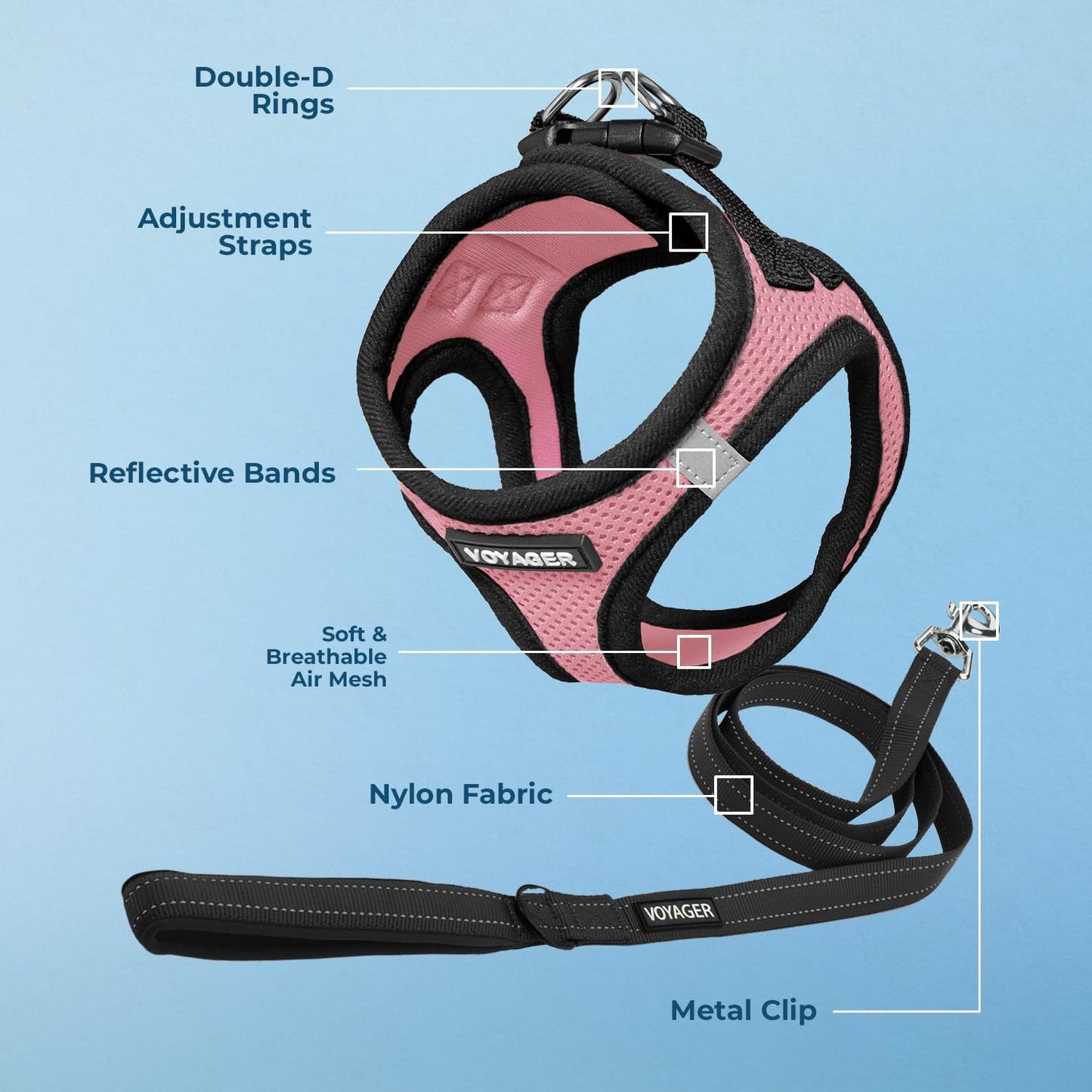 Best Pet Supplies Voyager Step-in Air All Weather Mesh Harness and Reflective Dog 5 ft Leash Combo with Neoprene Handle, for Small, Medium and Large Breed Puppies - Pink Base, XXS