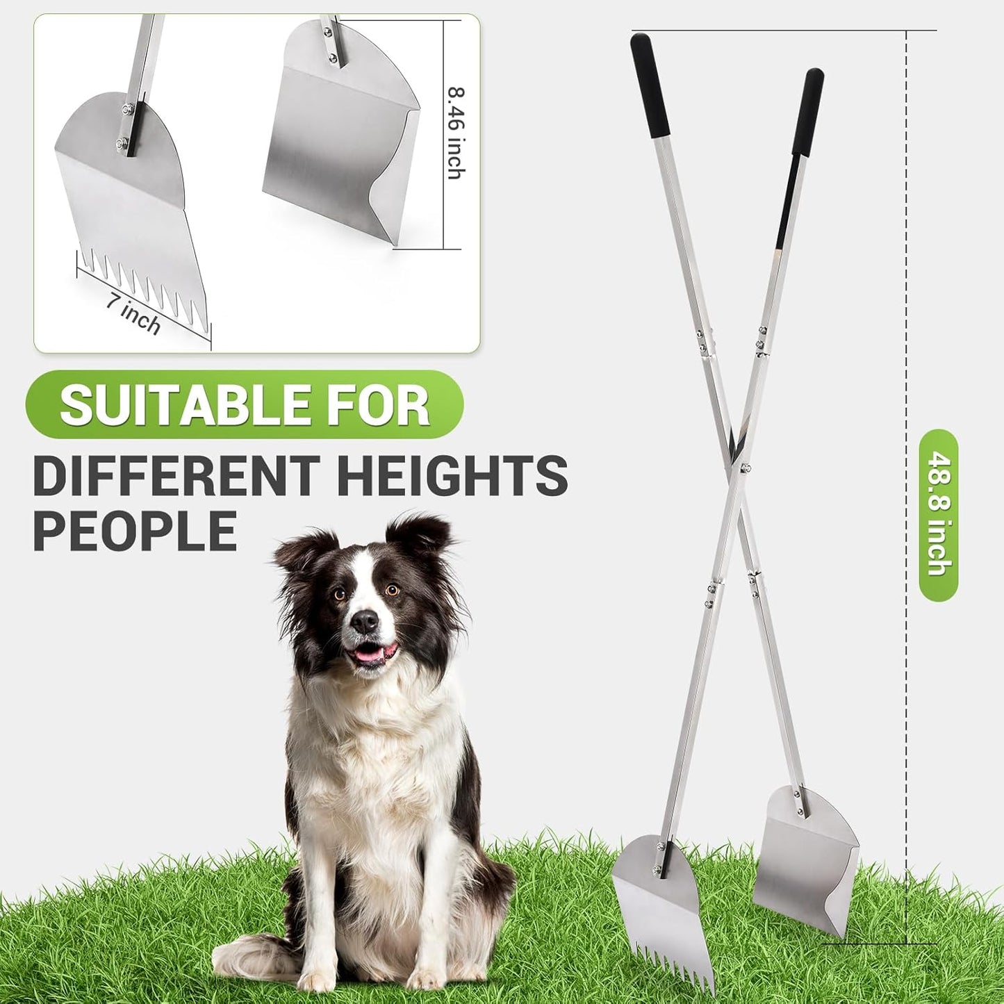48" Metal Pooper Scooper for Large Dogs, Heavy Duty Stainless Steel Dog Pooper Scooper Large Opening Long Handle for Pet Waste Removal, Grass, Dirt, Gravel,Yard, Indoor, Outdoor