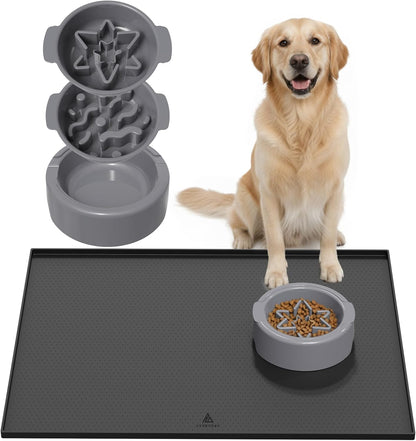 AVERYDAY 3-in-1 Slow Feeder Dog Bowls and 32x24'' Silicone Dog Mat Bundle