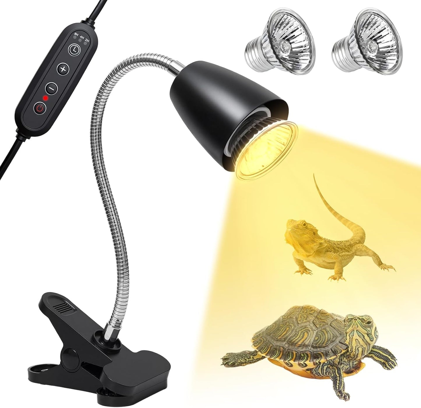 Reptile Heat Lamp, Turtle Heater Light with 2Pcs UVA UVB Bulb, 360° Rotatable Turtle Tank Basking Light with Clamp and Cycle Timer, Heat Lamp for Turtle Lizard Snake Amphibians