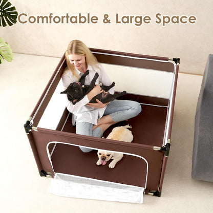EHEYCIGA 42x42x26 Inches Puppy Playpen Without Top Cover for Dogs & Cats Indoor or Outdoor - Dog Playpen with Door, Dog Fence for Small Animal with Heavy-Duty Oxford & Steel Frame, Brown