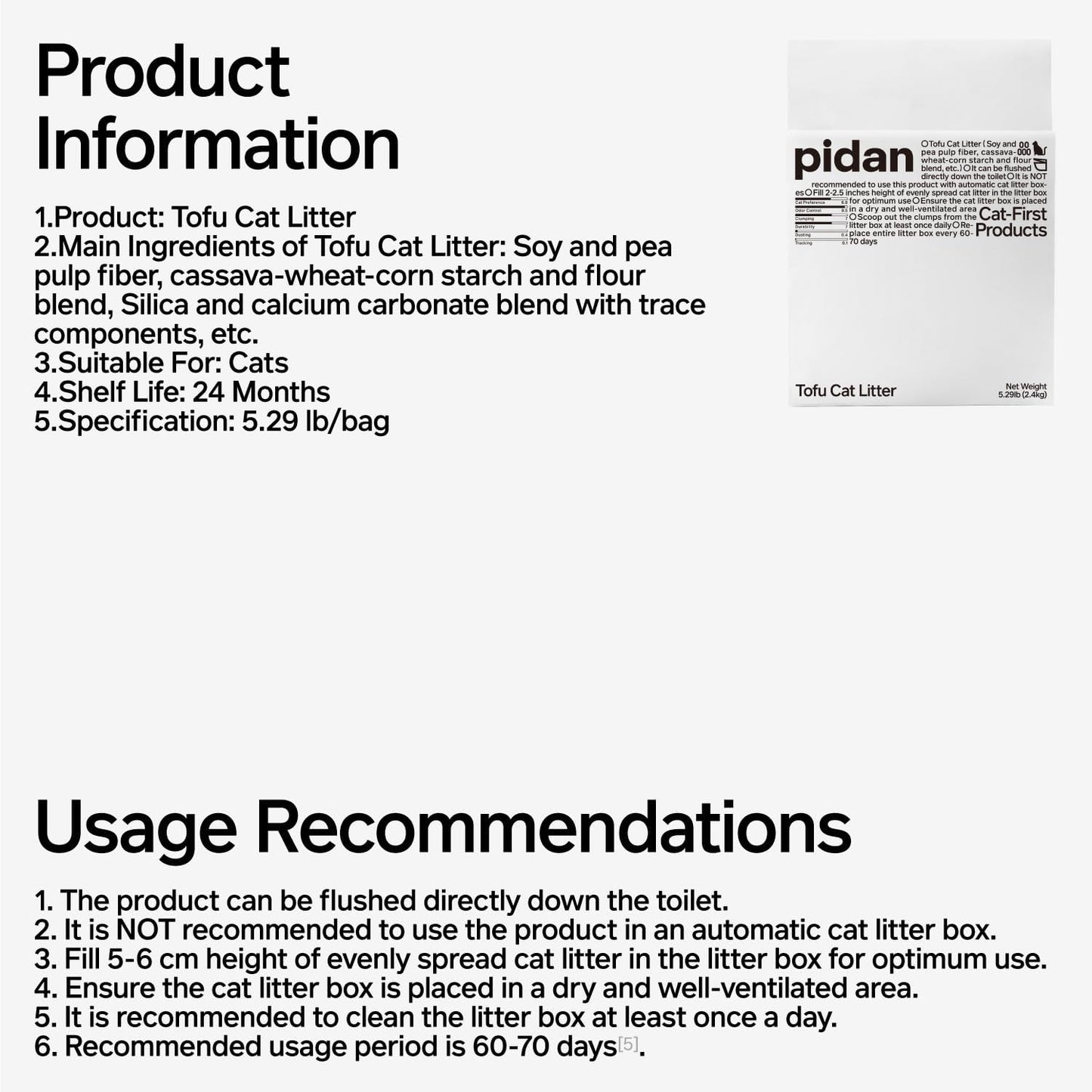 pidan Tofu Cat Litter Clumping,Flushable,Ultra Absorbent and Fast Drying, 100% Natural Ingredients Litter,Solubility in Water,Really Dust-Free,Less Scattering (5.3lb×4bags)