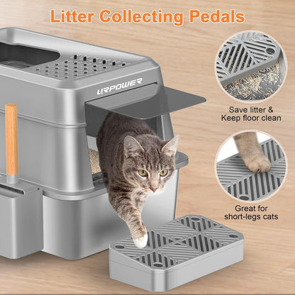 URPOWER Stainless Steel Cat Litter Box with Lid Extra Large Enclosed Litter Box for Cats Non-Sticky Metal Pan with High Sided Enclosure & Scoop, Front & Top Entry, Anti-Leakage, Easy Cleaning