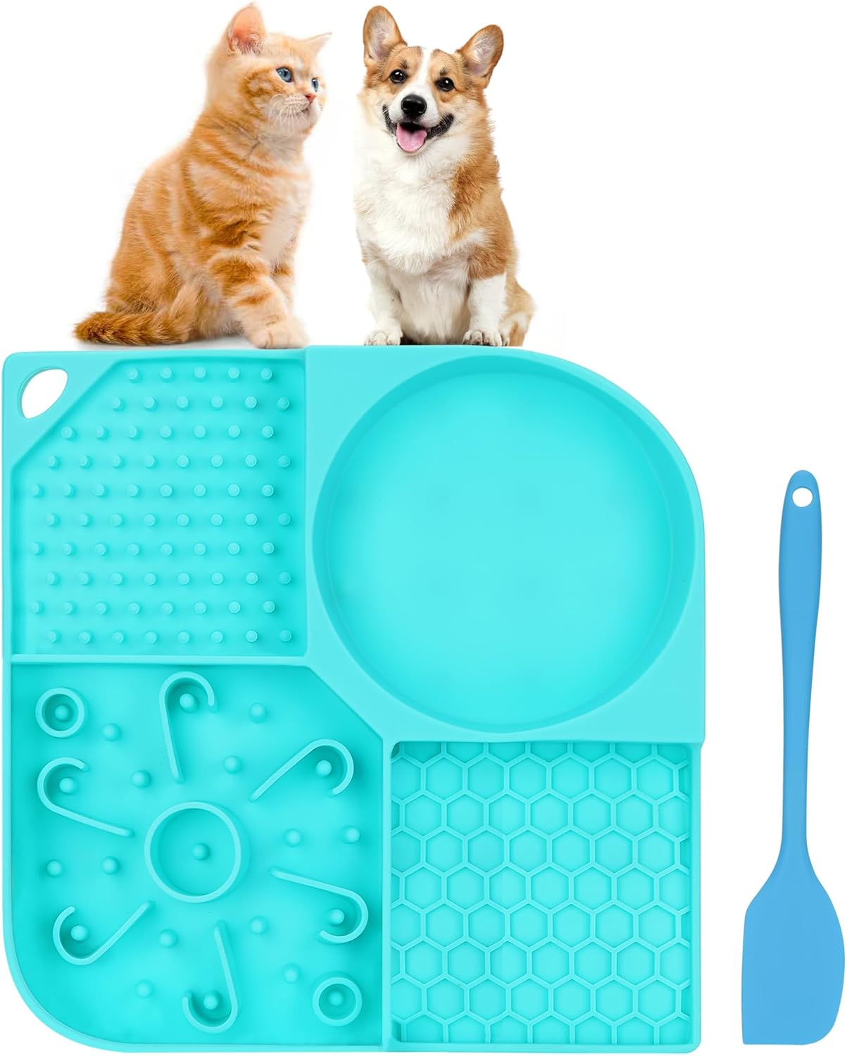Lick Mat for Dogs, 4-in-1 Slow Feeder Bowl with Non-Slip Suction Cup, Food-Grade Silicone Lick Pads Perfect for Cat Anxiety, Fast Eating & Grooming(Aqua,8.26"x8.26")