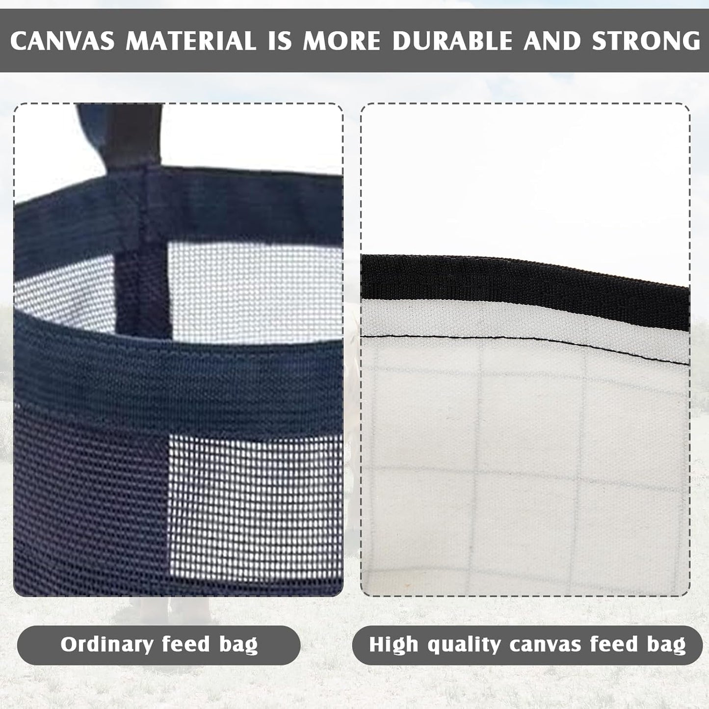 2 Pack Horse Feed Bags 13 Inch in Depth Vented Leather Canvas Horse Food Bucket with Adjustable Strap Waterproof Hay Feeding Supplies, Safety and No-Spill Flap Design