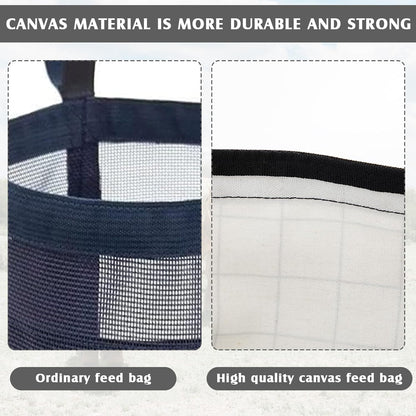 2 Pack Horse Feed Bags 13 Inch in Depth Vented Leather Canvas Horse Food Bucket with Adjustable Strap Waterproof Hay Feeding Supplies, Safety and No-Spill Flap Design